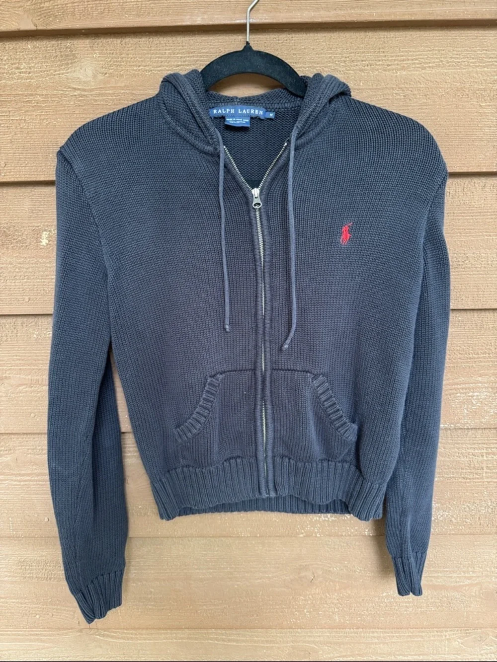 Ralph Lauren Black Big Kids Knit Zip Hoodie with Red Polo Pony size Medium